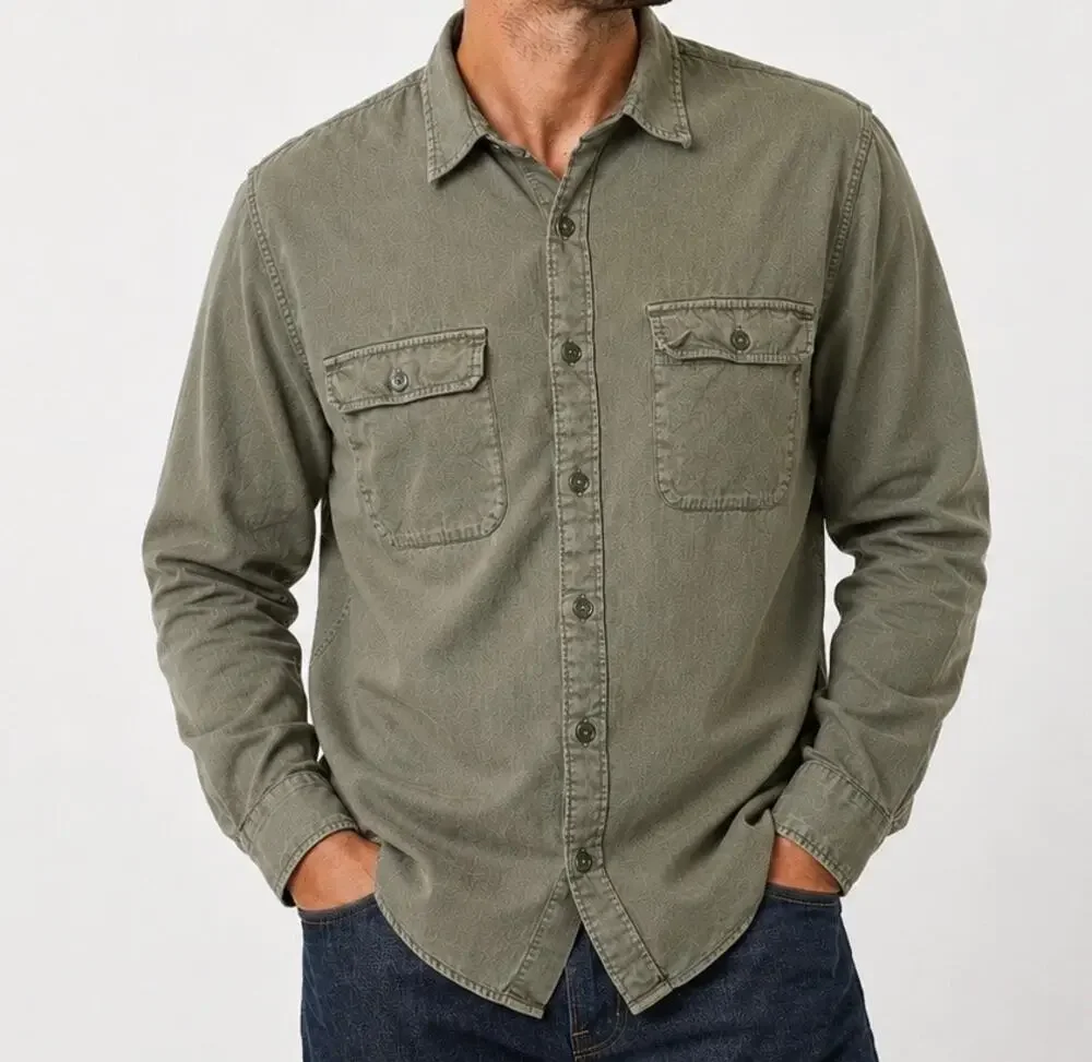 Lucky Brand Men's Military Long Sleeve Button Down Shirt Olive Green Sz Small